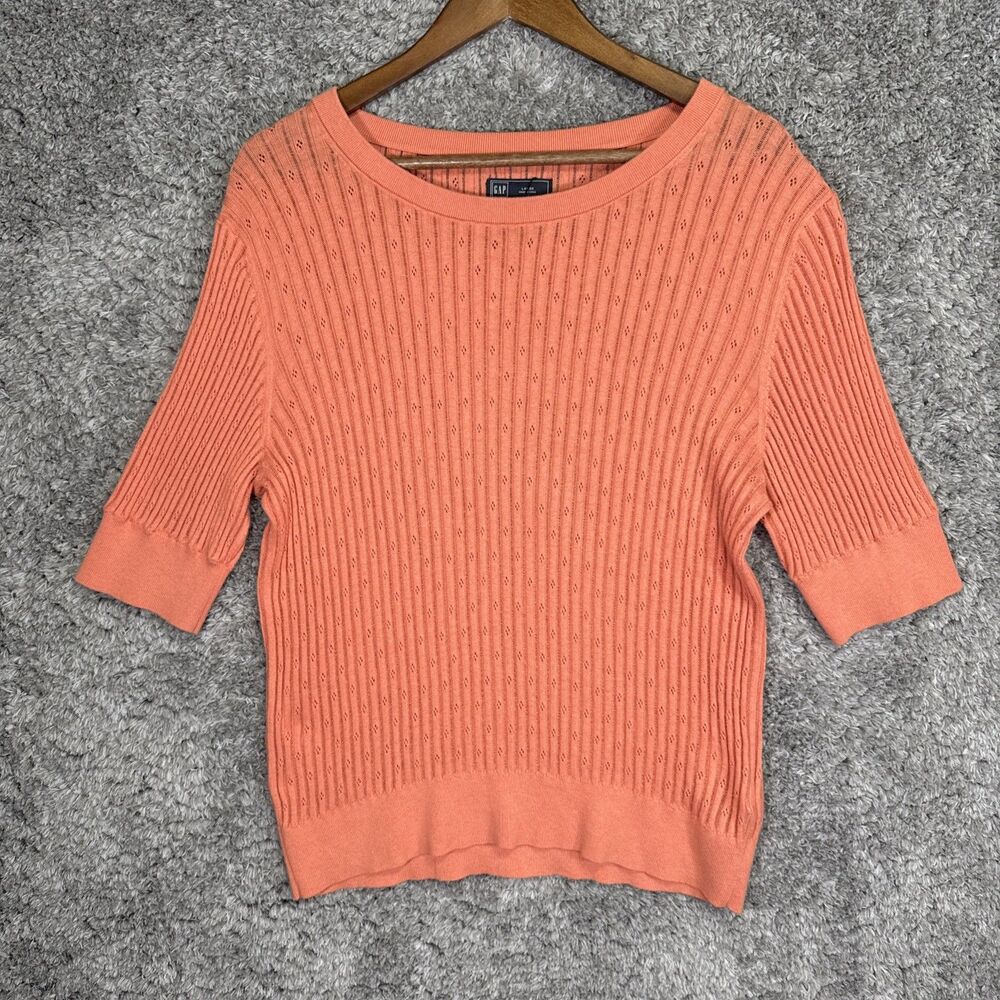 Gap Women’s Short Sleeve Pointelle Knit Sweater Ribbed Large Orange Lightweight